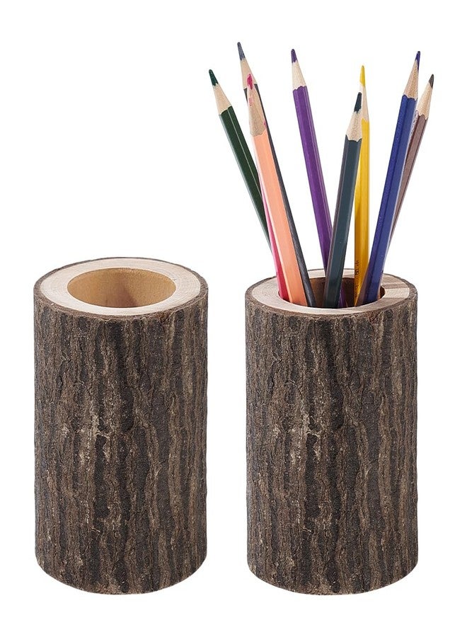 AHANDMAKER 2Pcs Rustic Wood Pen Cup Holder, Wood Pencil Holder Round Desktop Organizer, Pencil Cup Wooden Log Pen Stand, Desktop Stationary Organizer for Office Home Brush Pen Holder - Image 1