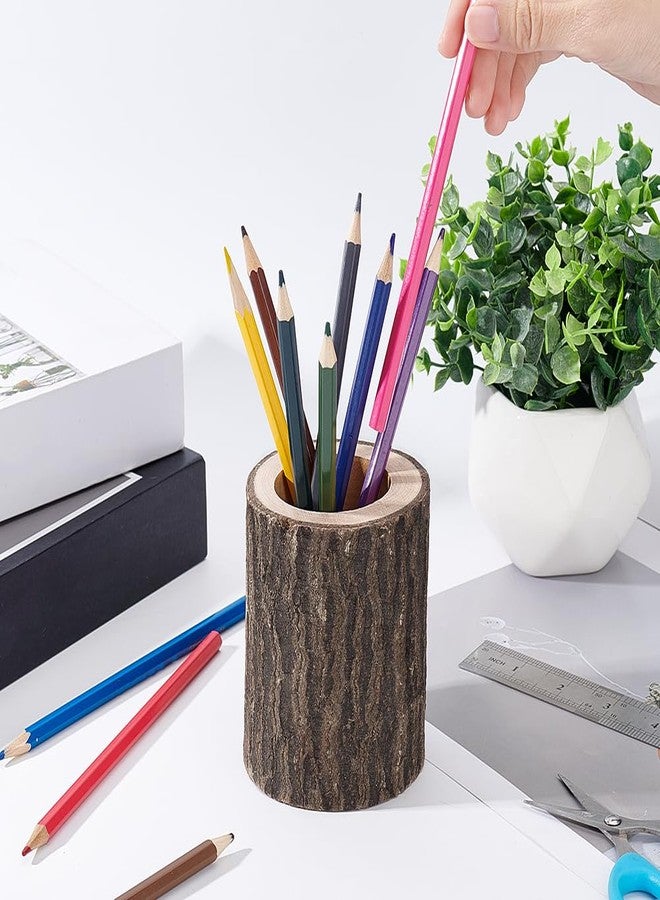AHANDMAKER 2Pcs Rustic Wood Pen Cup Holder, Wood Pencil Holder Round Desktop Organizer, Pencil Cup Wooden Log Pen Stand, Desktop Stationary Organizer for Office Home Brush Pen Holder - Image 3