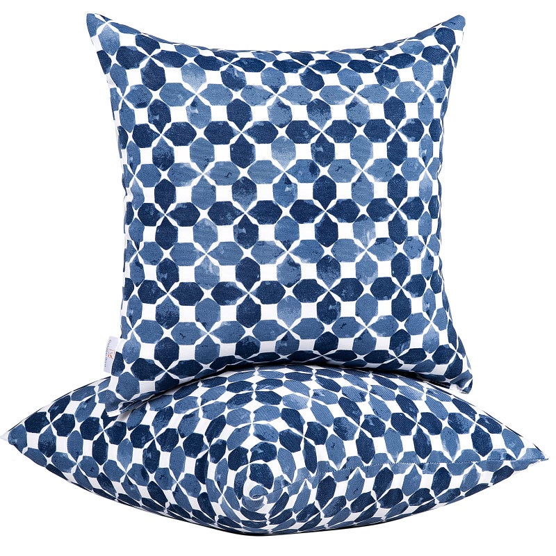 JMGBird Waterproof Outdoor Pillows Set of 2, 18x18 inch Weather Resistant White with Diamond Blue Petal Pattern Throw Pillows with Inserts for Patio Furniture - Image 1