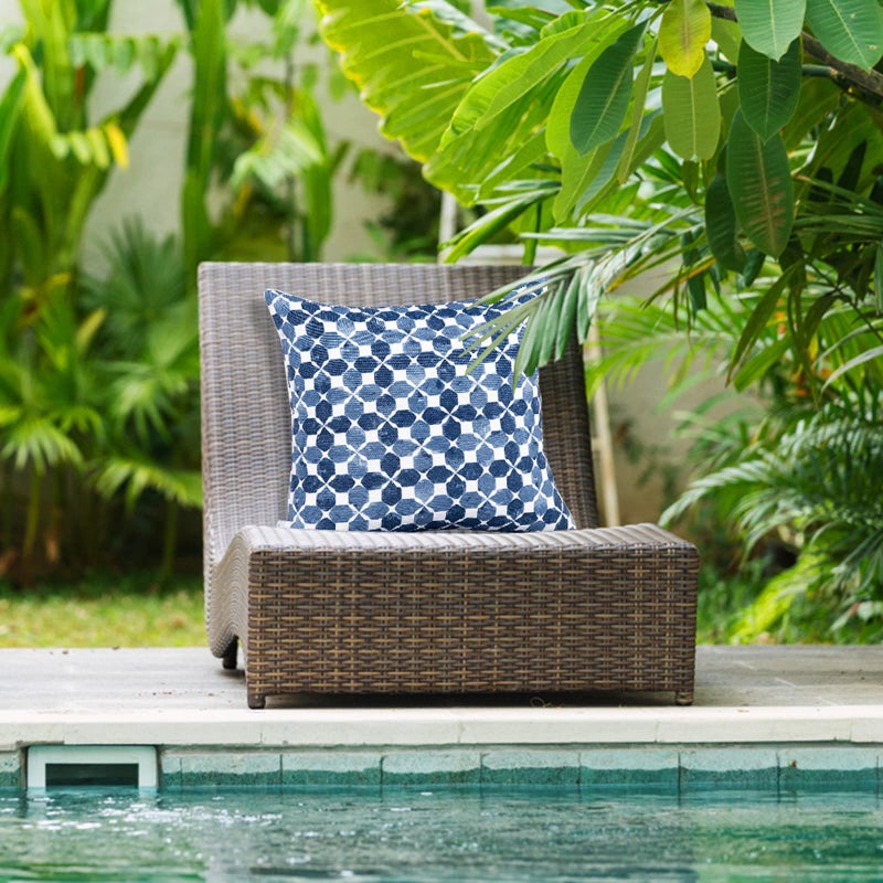JMGBird Waterproof Outdoor Pillows Set of 2, 18x18 inch Weather Resistant White with Diamond Blue Petal Pattern Throw Pillows with Inserts for Patio Furniture - Image 2