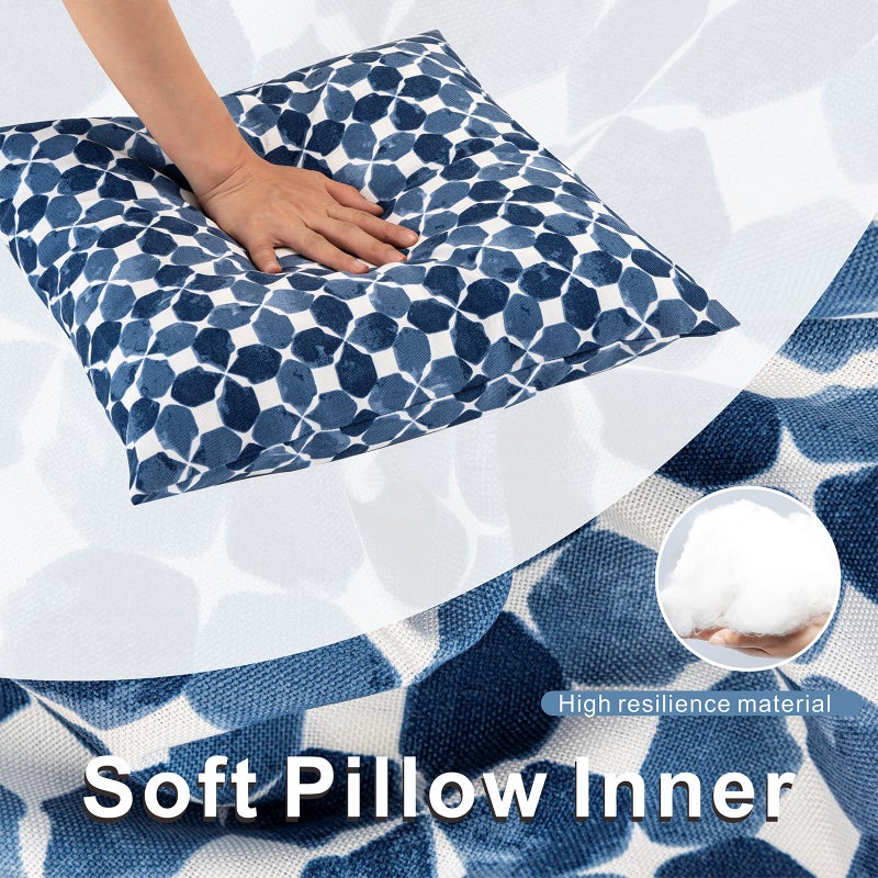 JMGBird Waterproof Outdoor Pillows Set of 2, 18x18 inch Weather Resistant White with Diamond Blue Petal Pattern Throw Pillows with Inserts for Patio Furniture - Image 3