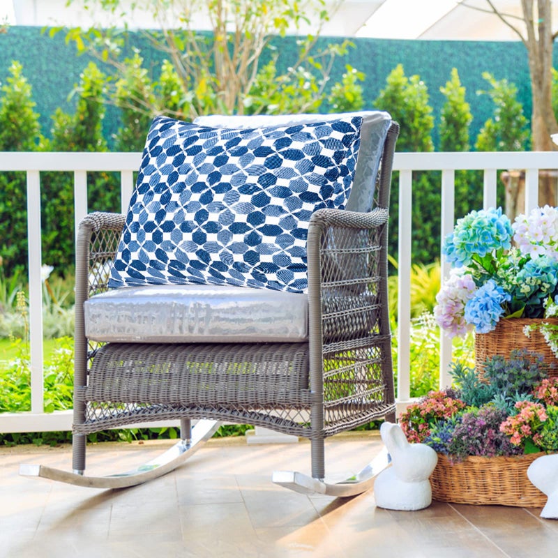 JMGBird Waterproof Outdoor Pillows Set of 2, 18x18 inch Weather Resistant White with Diamond Blue Petal Pattern Throw Pillows with Inserts for Patio Furniture - Image 5