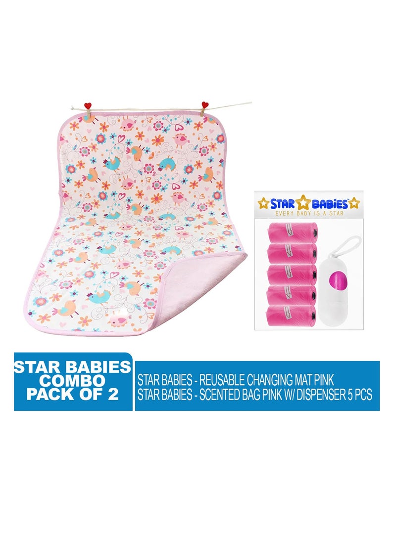 STAR BABiES - Star Babies - Combo Pack of 2- Scented Bag Pack of 5 (75 Bags w/Dispenser) with Reusable Changing Mat - Pink - Image 1