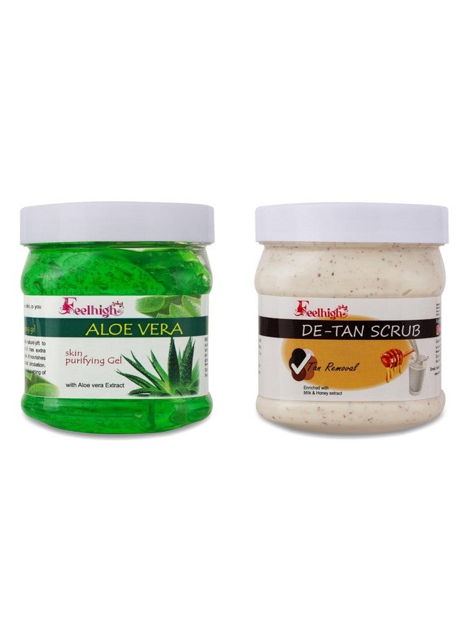 FEELHIGH Face And Body Combo Aloe Vera Gel with natural Aloevera Extract for Moisturize and Smooth Glowing Skin 500ml jar & De tan Scrub enriched with Milk & Honey helps to Tan removal for man & woman 500ml jar - Image 1