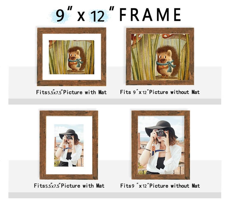 Picrit 9x12 Picture Frame Set of 12  Display 6x8 with Mat or 9x12 Without Mat  Photo Frames for Wall Mounting or Table Top Display  Brown. - Image 2