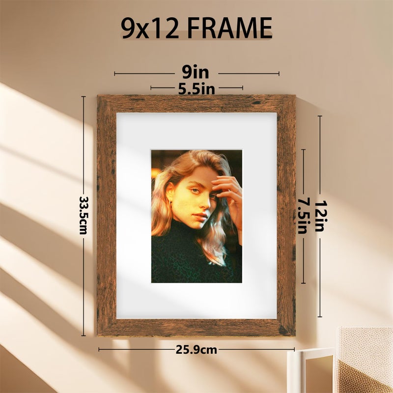 Picrit 9x12 Picture Frame Set of 12  Display 6x8 with Mat or 9x12 Without Mat  Photo Frames for Wall Mounting or Table Top Display  Brown. - Image 3
