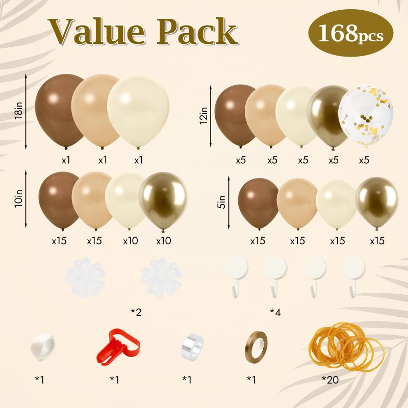 PEASUG Brown Balloon Arch Kit, 168 Pcs Netural Balloon Garland, 18 12 10 Inch Confetti Gold Latex Metallic Chrome Brown Nude Balloons for Bear Baby Shower Neutral Birthday Party Safari Decorations - Image 2