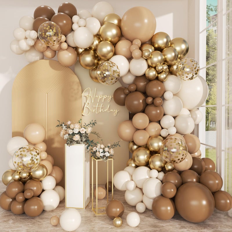 PEASUG Brown Balloon Arch Kit, 168 Pcs Netural Balloon Garland, 18 12 10 Inch Confetti Gold Latex Metallic Chrome Brown Nude Balloons for Bear Baby Shower Neutral Birthday Party Safari Decorations - Image 1