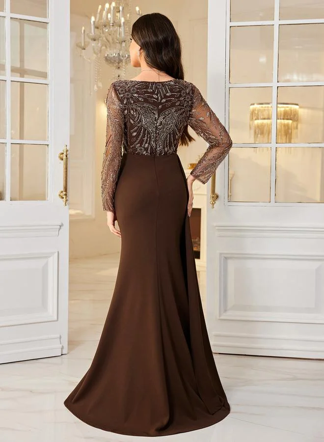 Supgir  Coffee Brown Sequin Bodice Maxi Dress for Women | Best Price UAE