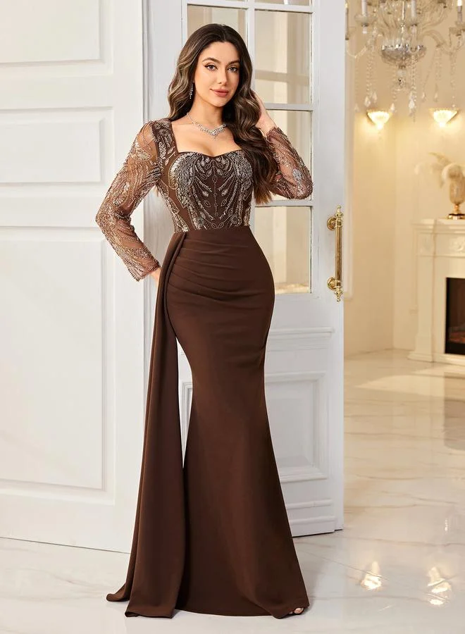 Supgir Coffee Brown Sequin Bodice Maxi Dress
