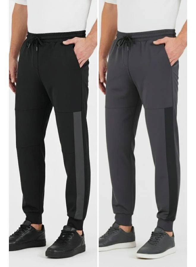 mmetalic Men's Black-Anthracite Standard Fit Regular Cut Ribbed Cuff Pocketed Comfortable Jogger Sweatpants - Pack of 2.