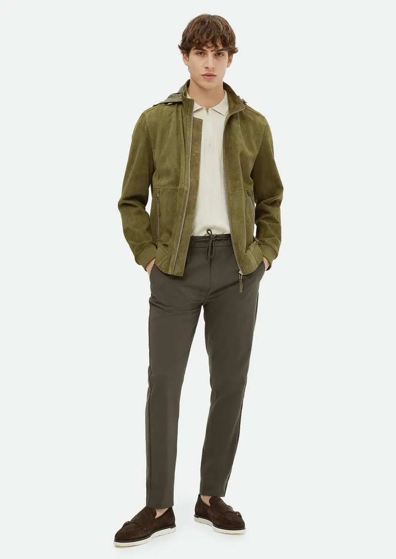 RAMSEY Khaki Regular Fit Turtleneck Casual Suede Leather Coat
