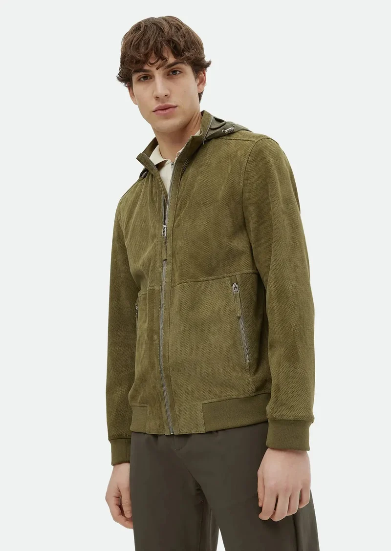 RAMSEY Khaki Regular Fit Turtleneck Casual Suede Leather Coat