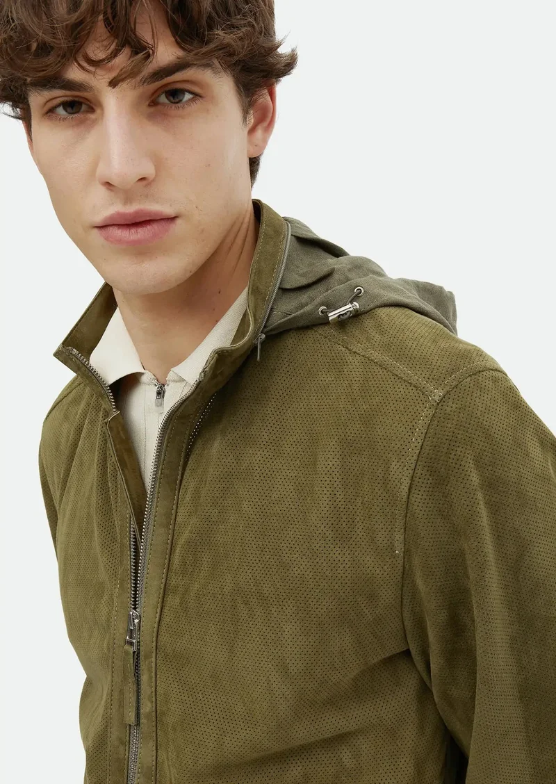 RAMSEY Khaki Regular Fit Turtleneck Casual Suede Leather Coat