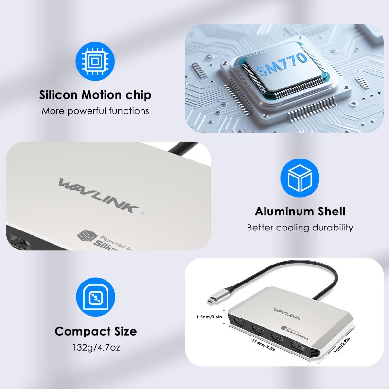 WAVLINK 4 Monitor Docking Station, WAVLINK Quad Monitors Adapter for M1/M2/M3/M4 macOS Systems, 140W PD in, 4 HDMI, Quad 4K Output, SMI Driver & Host USB3.2 Gen 2 Required - Image 4