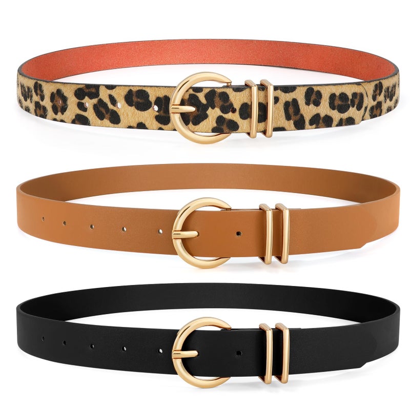 VONMELLI 3 Pack Women's Leather Belts for Jeans Dresses Ladies Waist Belt with Fashion Gold Buckle Black Leopard Brown M - Image 5