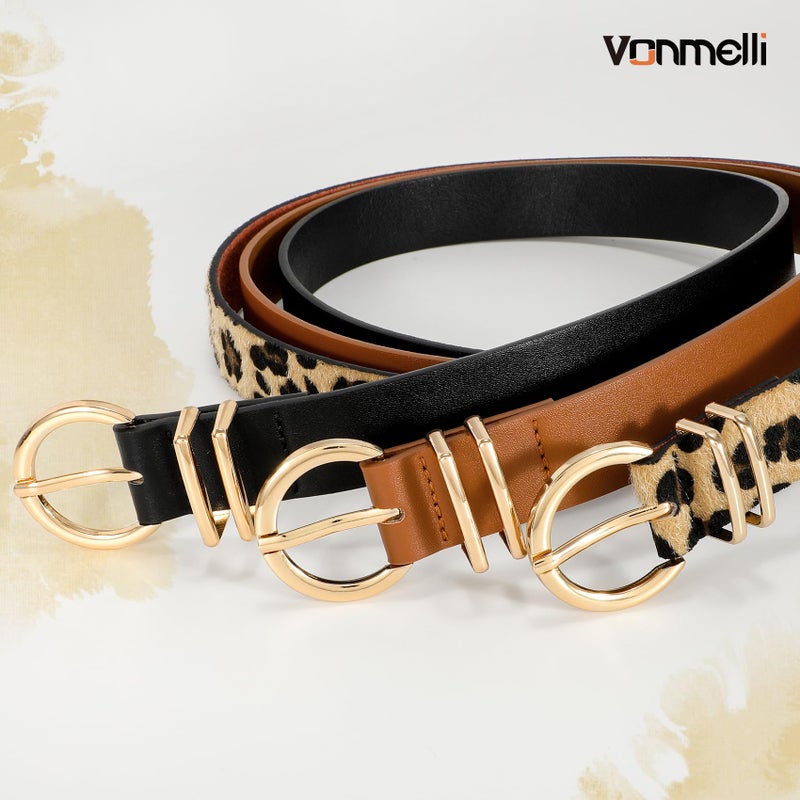 VONMELLI 3 Pack Women's Leather Belts for Jeans Dresses Ladies Waist Belt with Fashion Gold Buckle Black Leopard Brown M - Image 2