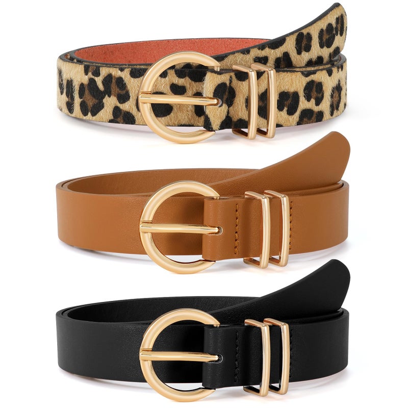 VONMELLI 3 Pack Women's Leather Belts for Jeans Dresses Ladies Waist Belt with Fashion Gold Buckle Black Leopard Brown M - Image 1