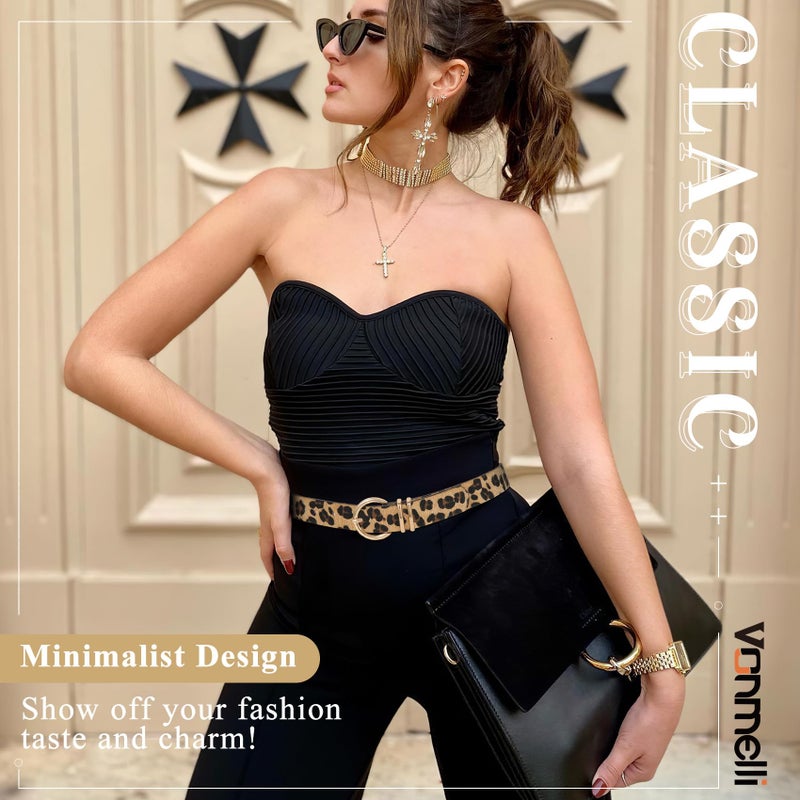 VONMELLI 3 Pack Women's Leather Belts for Jeans Dresses Ladies Waist Belt with Fashion Gold Buckle Black Leopard Brown M - Image 3