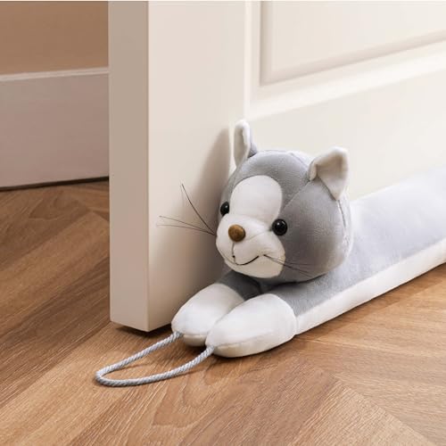 habibee Door Draft Stopper for Bottom of Door 36 inch, Avoid Noise or Cold Air, Decorative Wind Blocker for Window, Cute Animal Soundproof with Hanging Loops for Sweet Home Decor, Heavy Duty Grey Cat - Image 1