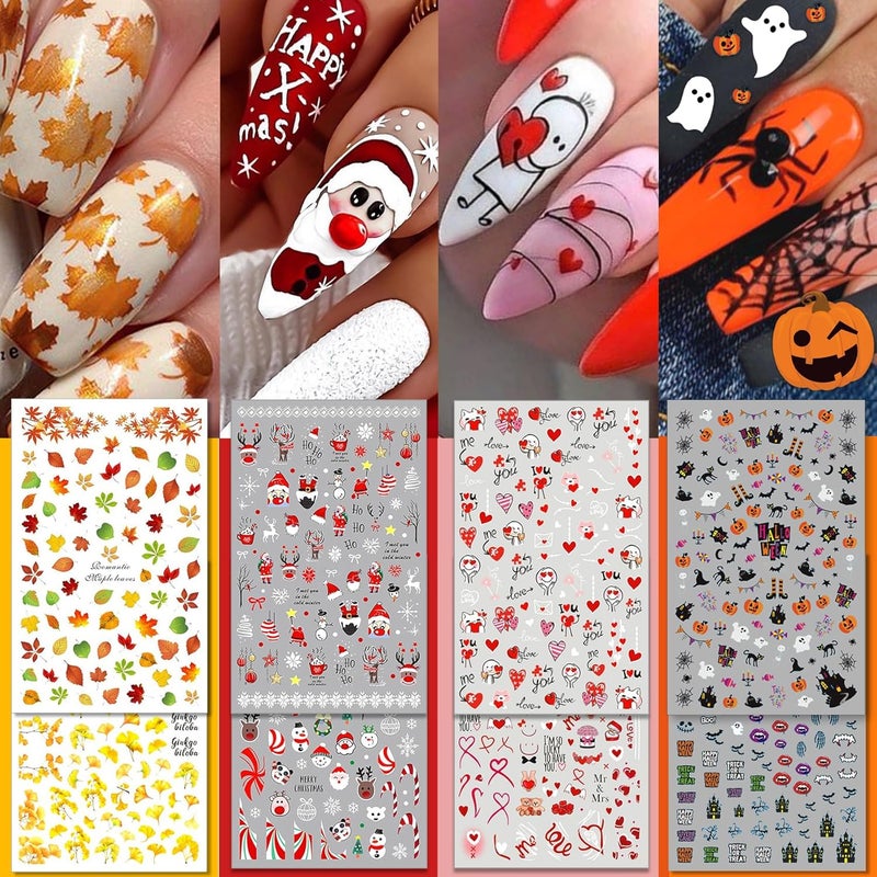 TailaiMei 24 Sheet All Holidays Nail Art Stickers, Mixed Seasons Variety Pack for Halloween Fall Christmas Valentine's Day, Self-Adhesive Design Year-Round Thanksgiving Nail Decals(Fashion)