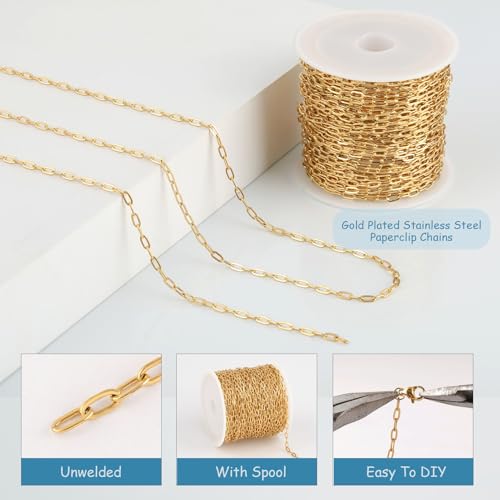 UMAOKANG 32.8 Feet Gold Plated Stainless Steel Chain for Jewelry Making Small Paperclip Chain for Women Necklace DIY Jewelry Making Chain Roll - Image 2