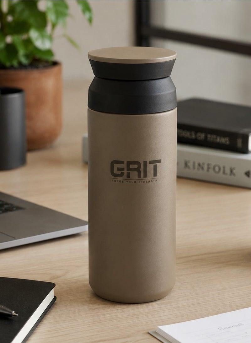 GRIT Insulated Flask Bottle 350ml - Hot & Cold Stainless Steel Flask - Modern Compact Design, Comfortable Grip & Leakproof Lid - Beige Stainless Steel Flask - Image 5