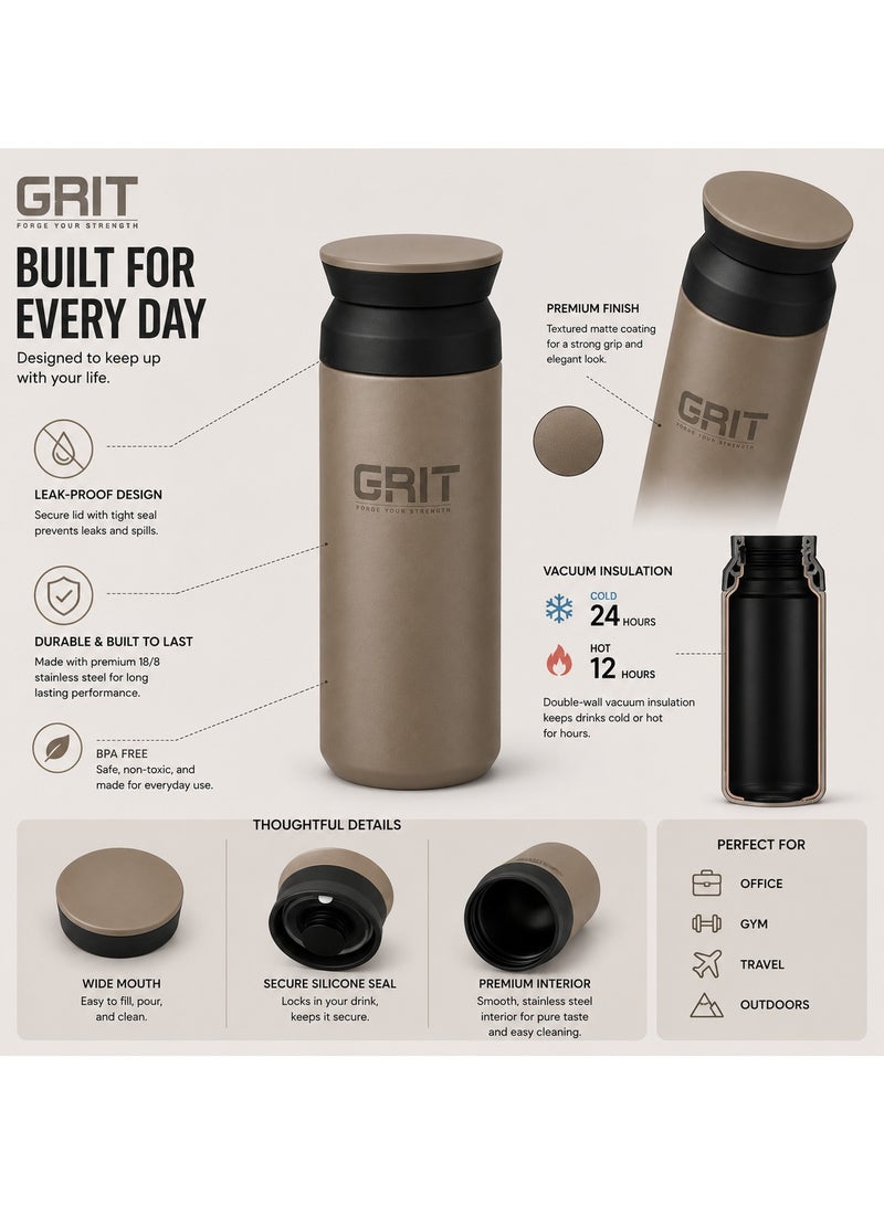 GRIT Insulated Flask Bottle 350ml - Hot & Cold Stainless Steel Flask - Modern Compact Design, Comfortable Grip & Leakproof Lid - Beige Stainless Steel Flask - Image 4