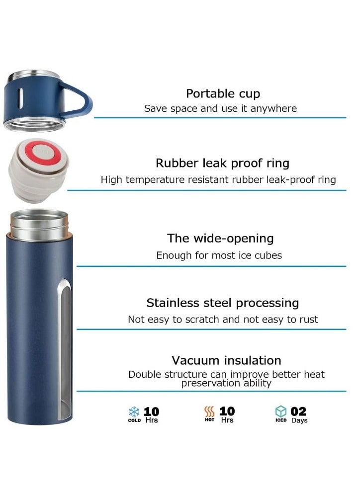 Original 500ml Thermos Mug with 3 Cups, Thermal Bottle, Vacuum Insulated Tea Coffee Thermos 304 Stainless Steel Travel Mug for Hot and Cold Drinks, Insulated Flask Set -Blue - Image 4