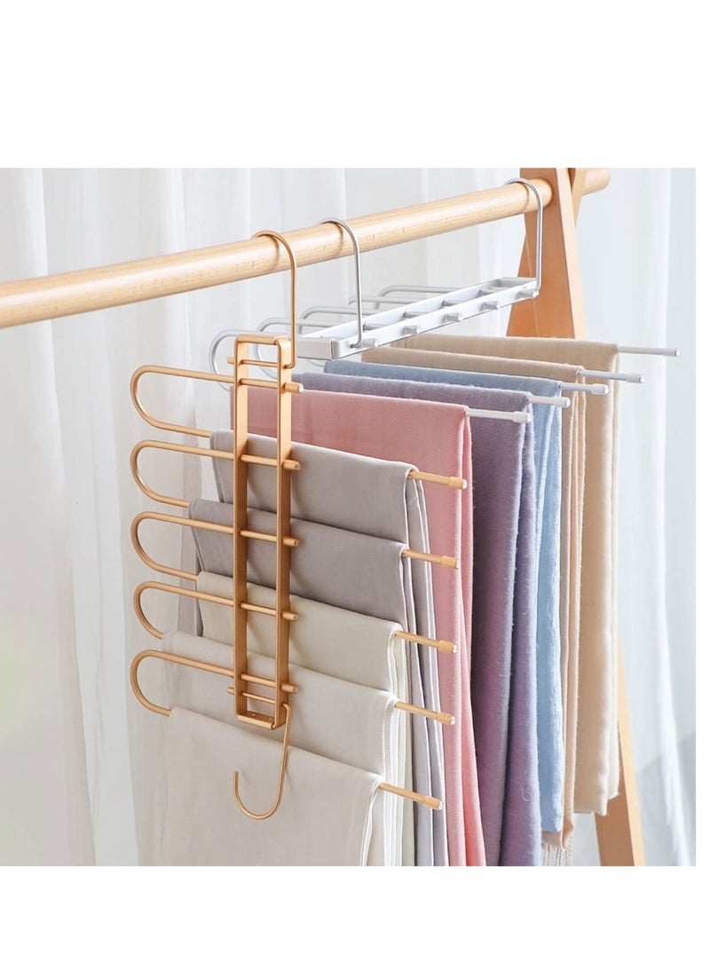SYOSI Magic Pants Hangers, Space Saving Closet Hangers 5 Layers Multi Functional Rack, Solid Metal & Wood Heavy Duty Wardrobe Organizer Racks for Clothes Trousers Scarves Ties (1 Pack Golden) - Image 1