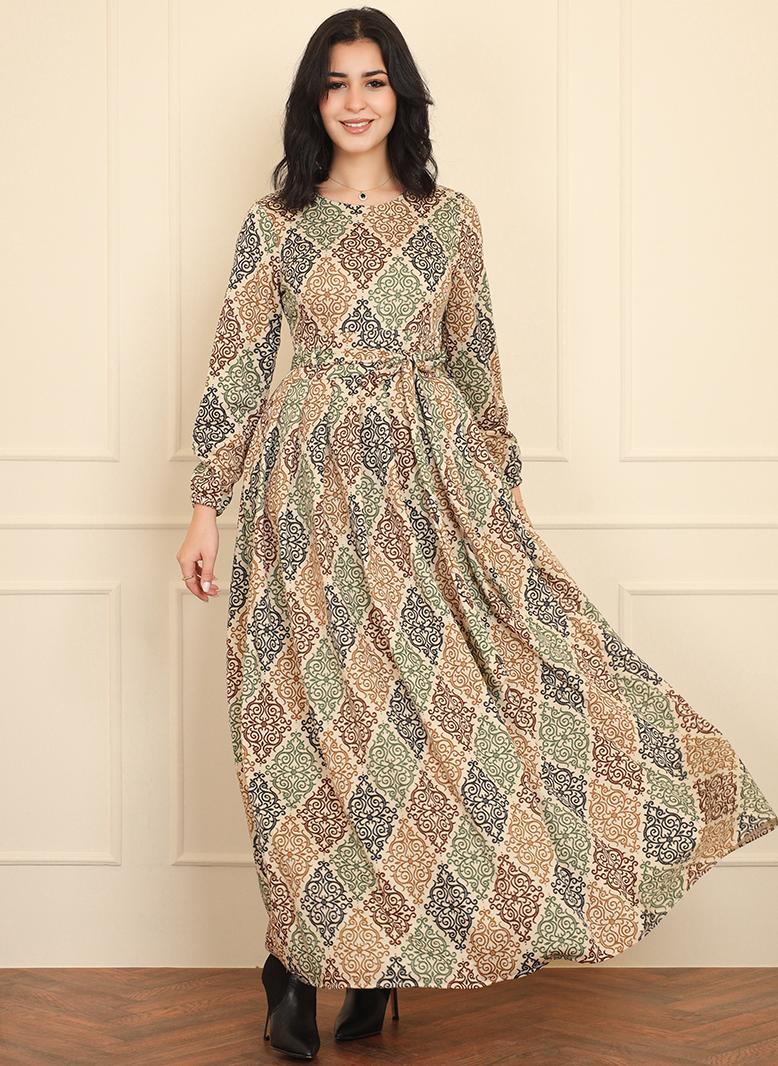 فرايديين انيق كلاسيك دائري هندسي تباين اللون طباعة حزام الزهور كم الفانوس فساتين طويلة اخضر - Image 1