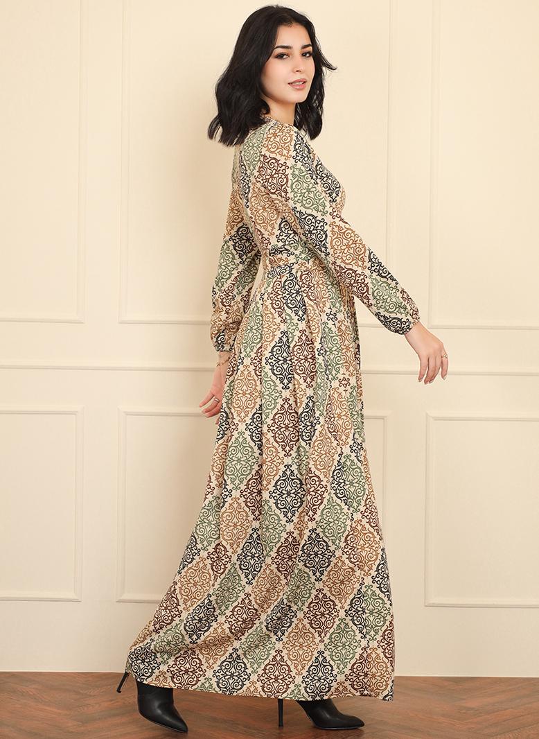 فرايديين انيق كلاسيك دائري هندسي تباين اللون طباعة حزام الزهور كم الفانوس فساتين طويلة اخضر - Image 4