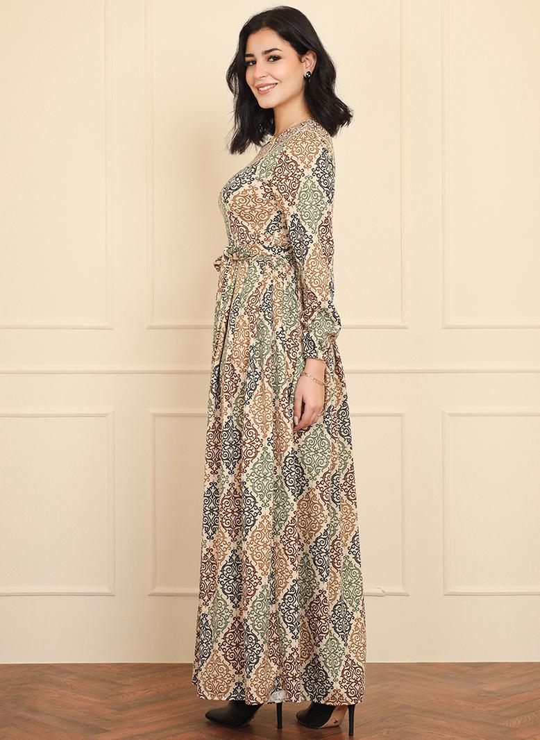 فرايديين انيق كلاسيك دائري هندسي تباين اللون طباعة حزام الزهور كم الفانوس فساتين طويلة اخضر - Image 5