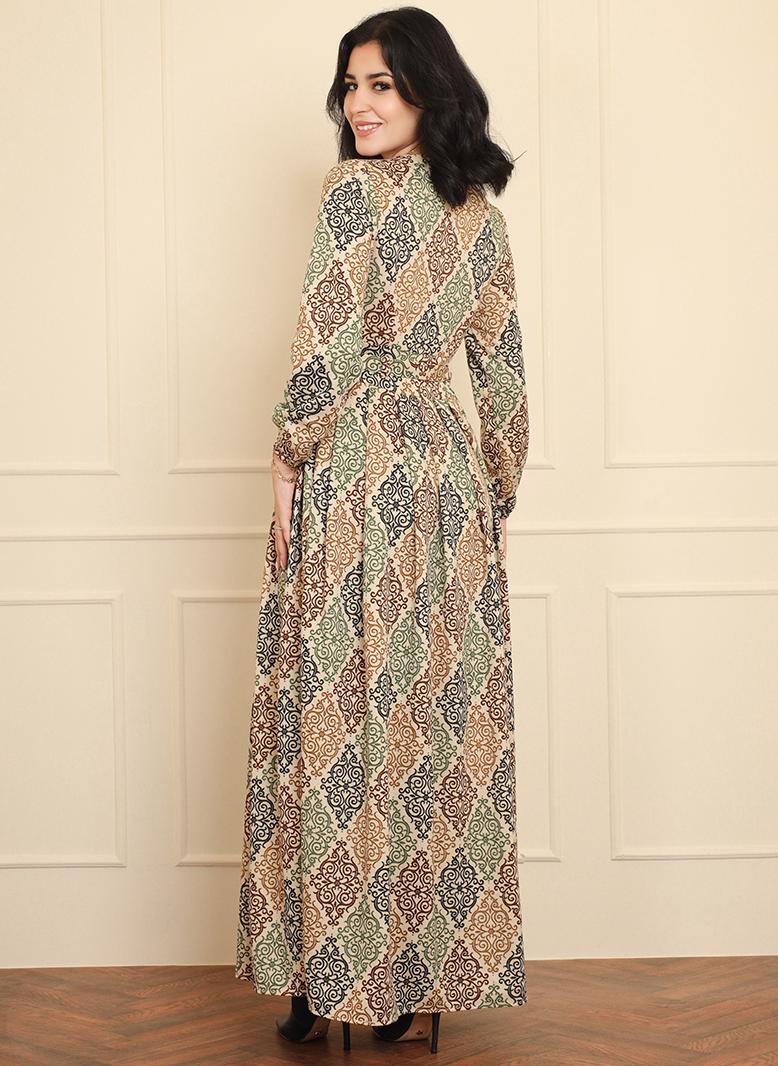 فرايديين انيق كلاسيك دائري هندسي تباين اللون طباعة حزام الزهور كم الفانوس فساتين طويلة اخضر - Image 3