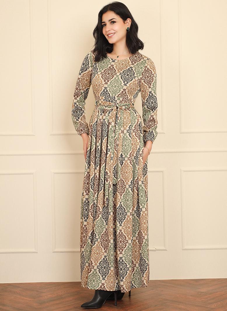 فرايديين انيق كلاسيك دائري هندسي تباين اللون طباعة حزام الزهور كم الفانوس فساتين طويلة اخضر - Image 2