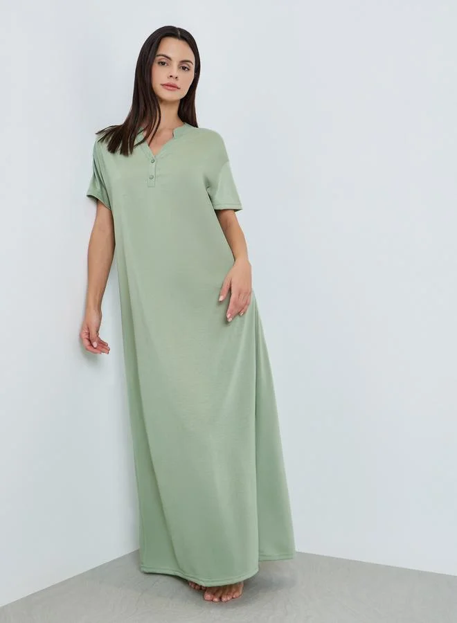 Styli Women Green Notch Neck Buttoned Sleep T-Shirt