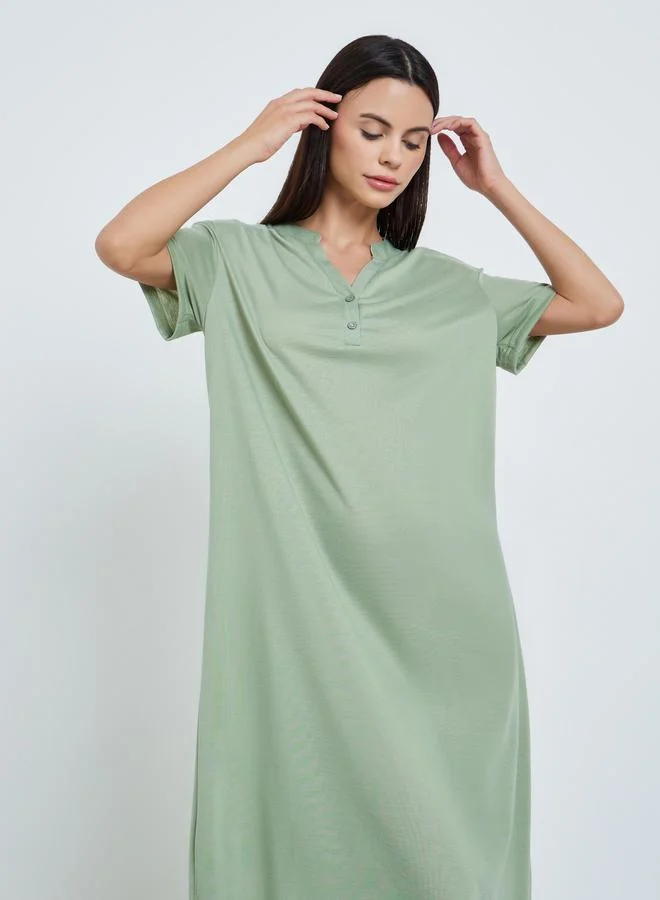 Styli Women Green Notch Neck Buttoned Sleep T-Shirt
