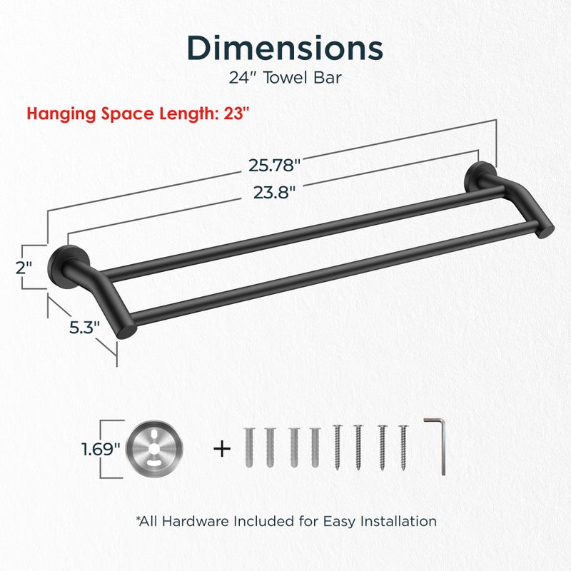 FORIOUS Double Towel Bar 24 Inch, Heavy Duty SUS304 Stainless Steel Dual Towel Racks for Bathroom Wall Mount, Space Saving Towel Rod Towel Holder Rail, Matte Black - Image 2