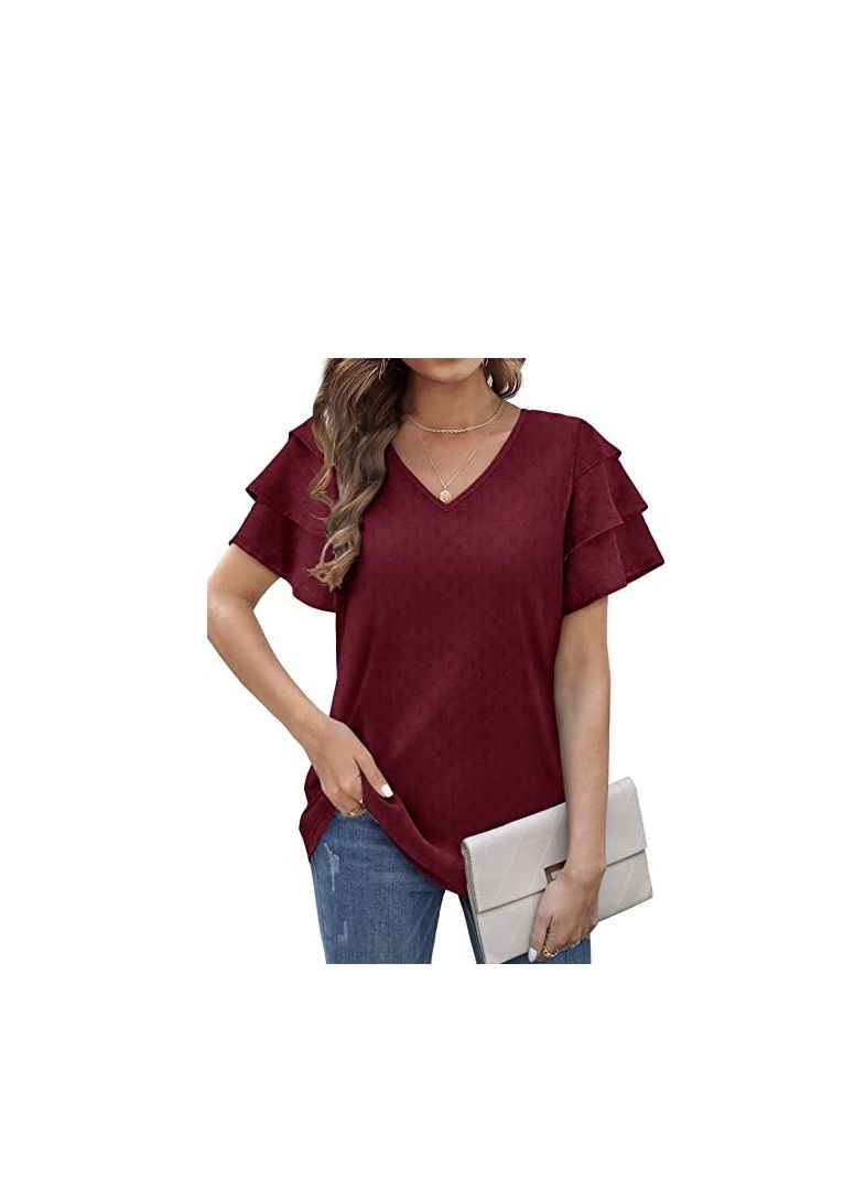 Loquat New Women's V-neck Multi-layer Lotus Sleeve Loose Casual Short Sleeve T-Shirt 