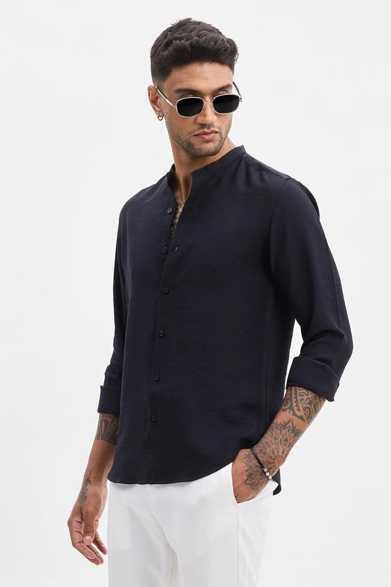 SNITCH Black Mandarin Slim Fit Shirt