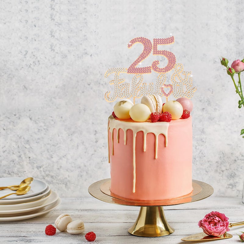 LASKYER 25 & Fabulous Gold & Pink Rhinestone Cake Topper - Happy 25th Birthday Cheers to 25 Years Old Bday Party Metal Sparkly Food Centerpieces Topper Decorations Keepsake. - Image 4