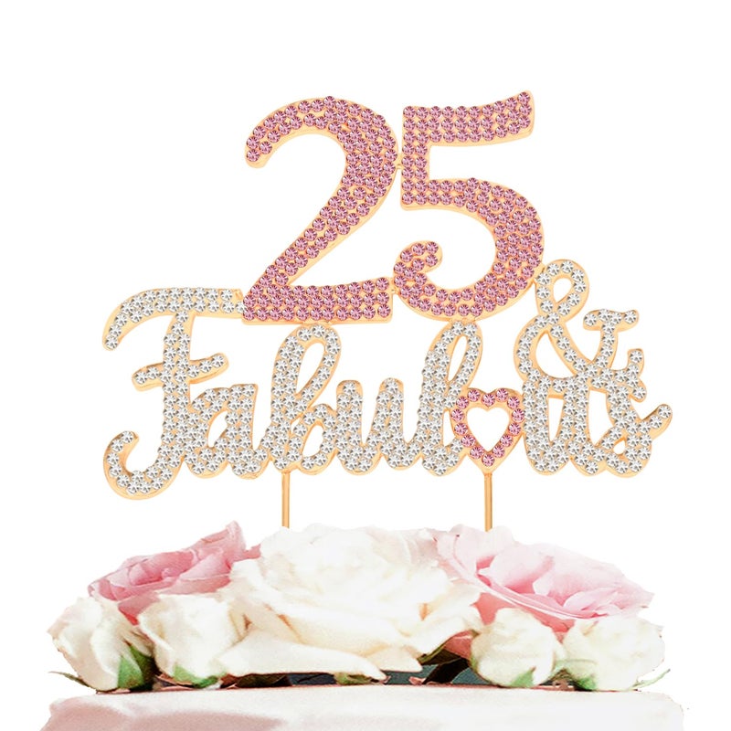 LASKYER 25 & Fabulous Gold & Pink Rhinestone Cake Topper - Happy 25th Birthday Cheers to 25 Years Old Bday Party Metal Sparkly Food Centerpieces Topper Decorations Keepsake. - Image 1