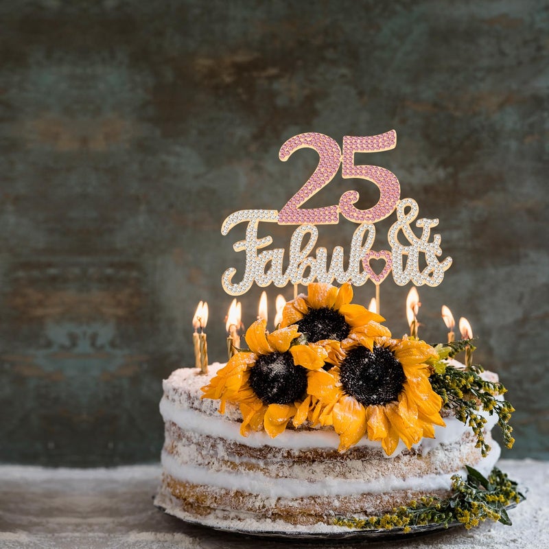 LASKYER 25 & Fabulous Gold & Pink Rhinestone Cake Topper - Happy 25th Birthday Cheers to 25 Years Old Bday Party Metal Sparkly Food Centerpieces Topper Decorations Keepsake. - Image 5