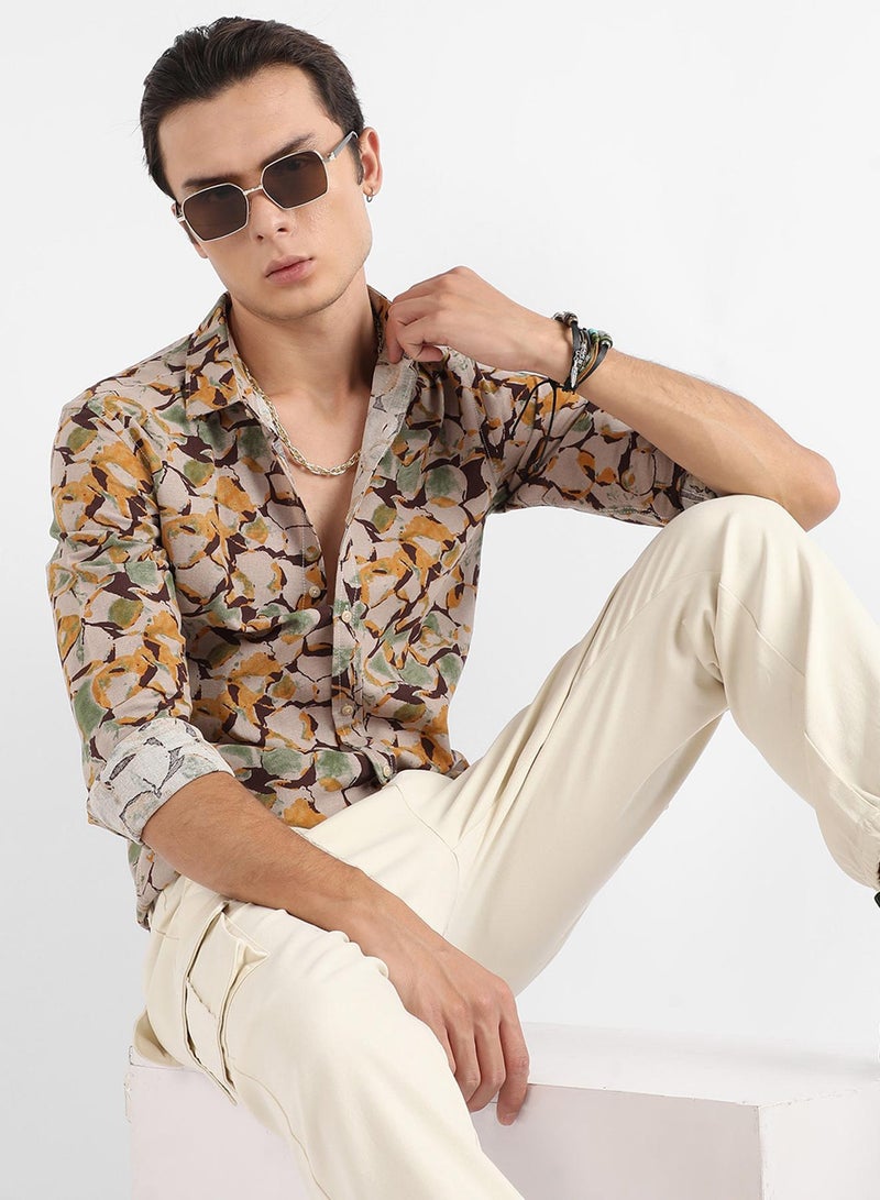 Campus Sutra Campus Sutra Men's Beige & Green Artistic Floral Cluster Shirt For Casual Wear | Spread Collar | Long Sleeve | Button Closure | Cotton Shirt Crafted With Comfort Fit For Everyday Wear  - Image 1
