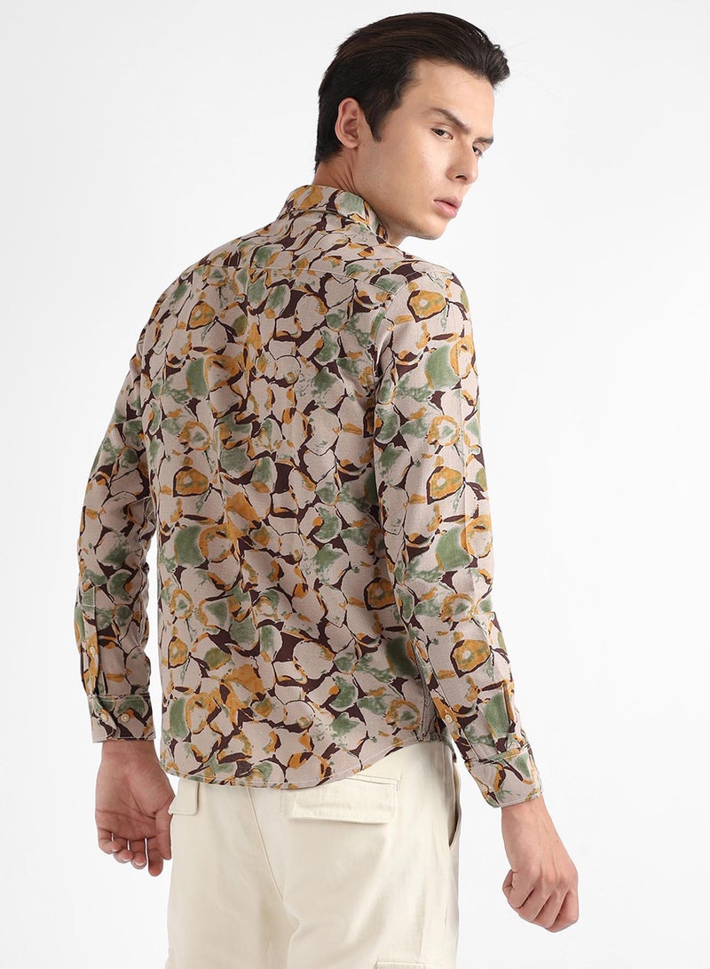 Campus Sutra Campus Sutra Men's Beige & Green Artistic Floral Cluster Shirt For Casual Wear | Spread Collar | Long Sleeve | Button Closure | Cotton Shirt Crafted With Comfort Fit For Everyday Wear  - Image 5