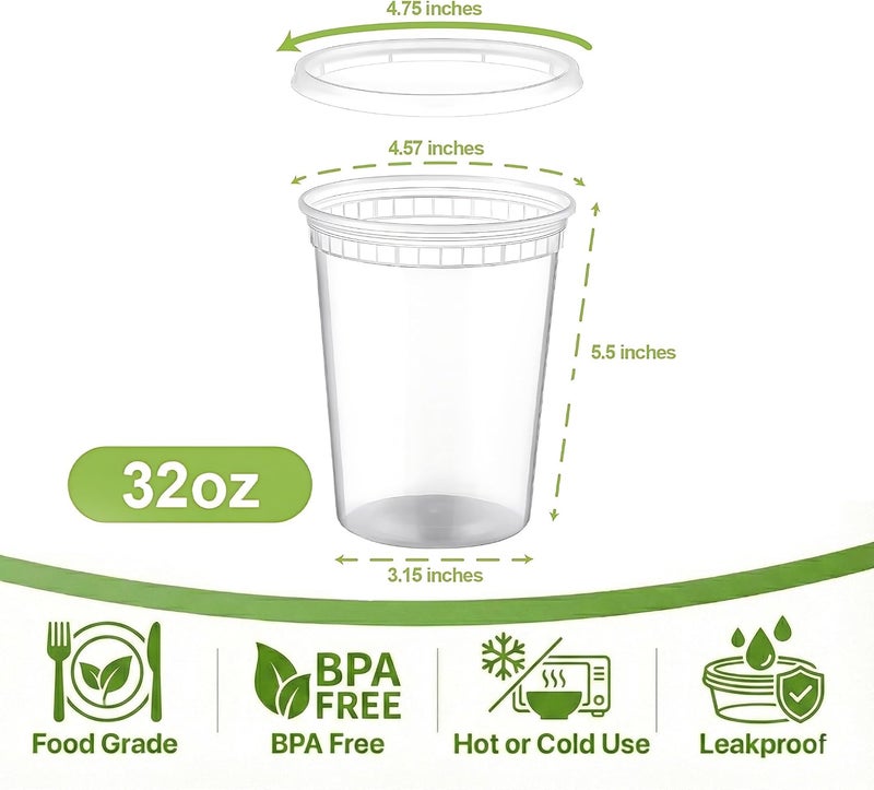 Pokanic Food Storage Containers [30 Set] 32 oz Plastic Deli Containers with Lids Slime Soup Meal Prep Reusable | BPA Free | Stackable | Leakproof | Microwave/Dishwasher/Freezer Safe (30 Set, 32 oz) - Image 2