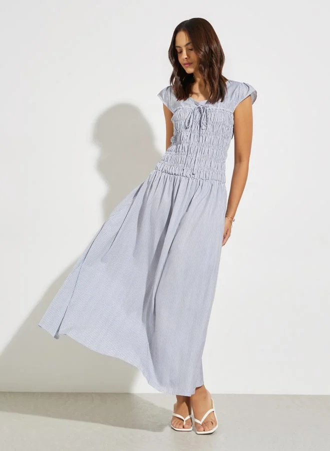 Blue Striped Shirred A-Line Maxi Dress