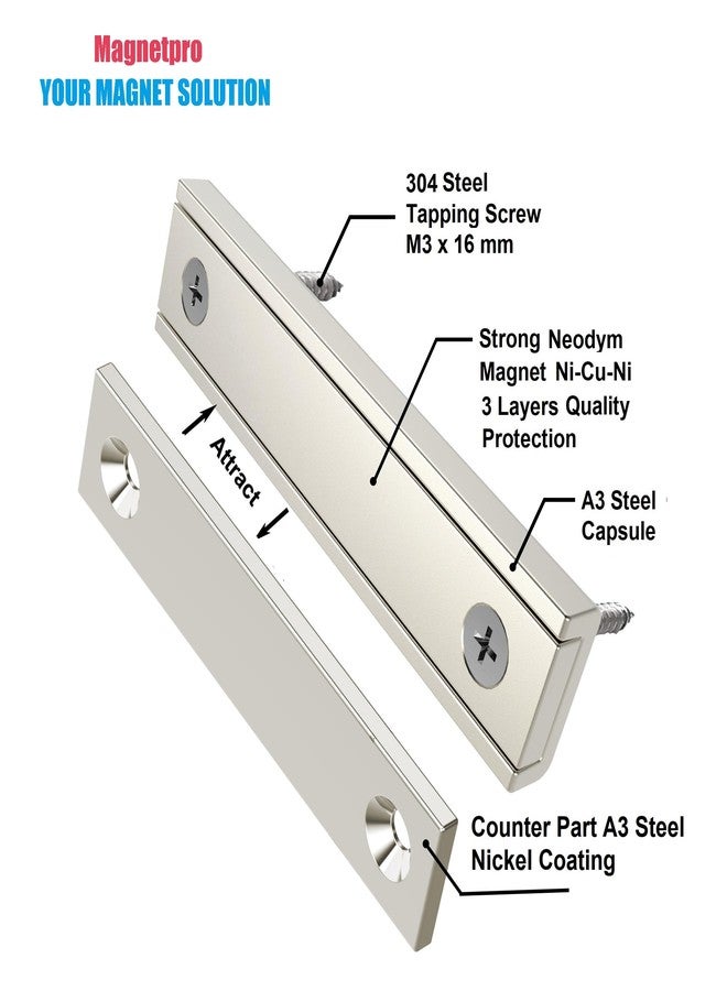 Magnetpro 6 Pieces Rectangular Magnets 30 KG Force 60 x 13.5 x 5 mm with 6 Counterparts and Capsule, Household and Industrial Magnet with Mounting Screws - Image 2
