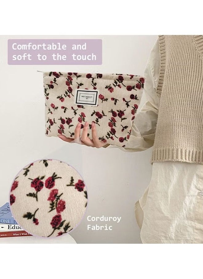 HY Aesthetic Floral Makeup Bag Cute Cosmetic Bag for Women,Large Capacity Corduroy Makeup Organizer Bag,Travel Toiletry Bag Skincare Bag (Beige Rose)  - Image 3