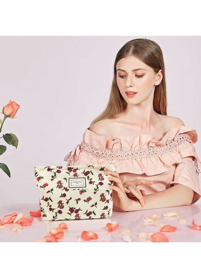 HY Aesthetic Floral Makeup Bag Cute Cosmetic Bag for Women,Large Capacity Corduroy Makeup Organizer Bag,Travel Toiletry Bag Skincare Bag (Beige Rose)  - Image 2